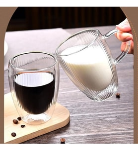 Çift Cidarlı Çizgili Cam, Kahve, Latte, Ekspresso, Meşrubat, Su Bardağı, 300 ML, Cam Bardak, 1 Adet - 12322
