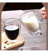 Çift Cidarlı Çizgili Cam, Kahve, Latte, Ekspresso, Meşrubat, Su Bardağı, 300 ML, Cam Bardak, 1 Adet - 12322