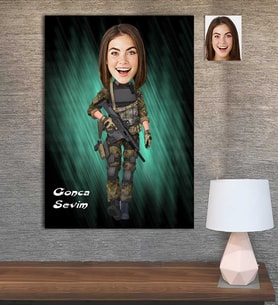Kişiye Özel Karikatür Baskılı Ahşap Tablo Asker Kadın-1 30x40