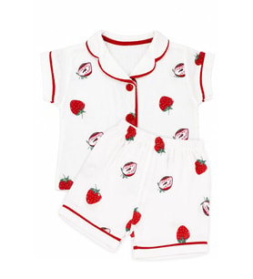 Kız Bebek Beyaz Kırmızı Çilek Baskılı Müslin Şortlu Pijama Takımı