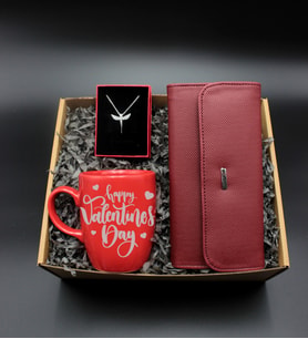 Happy Valentines Day Baskılı Kırmızı Kupa & Gümüş Kaplama Melek Kolye & Cüzdan Hediye Seti (Model 1)
