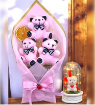 Büyük Boy Pembe Ayıcık Buketi & Işıklı Beyaz Ayıcıklı Fanus  Peluş Ayıcıklar Ayıcık Buketi