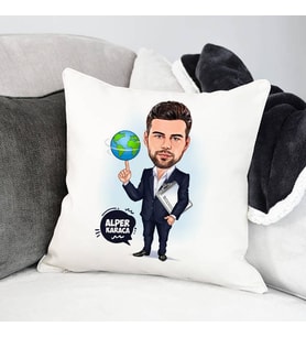 Kişiye Özel Dünyayı Parmağında Oynatan Erkek Karikatürlü Yastık