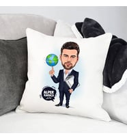 Kişiye Özel Dünyayı Parmağında Oynatan Erkek Karikatürlü Yastık