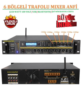 6 BÖLGELİ TRAFOLU MIXER ANFİ (250 WATT 100 VOLT/USB/BLUETOOTH/İKİ MİKROFON GİRİŞ)