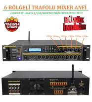 6 BÖLGELİ TRAFOLU MIXER ANFİ (250 WATT 100 VOLT/USB/BLUETOOTH/İKİ MİKROFON GİRİŞ)