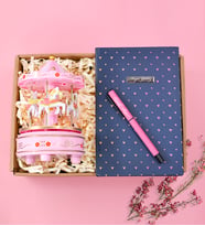 Kişiye Özel Kalp Desenli Defter& Pembe Roller Kalem& Atlı Karınca Müzik Kutusu Hediye Seti
