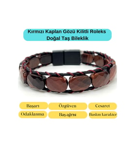 Sertifikalı Kırmızı Kaplan Gözü Kilit Kapama Roleks Doğal Taş Deri Bileklik