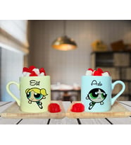 Power Puff Bubbless & Buttercup Arkadaş Çift Tasarımlı Sarı & Yeşil Ahşap Tabaklı Kişiye Özel Türk Kahvesi Fincanı Seti
