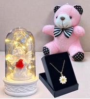 Premium Hediye Seti Özel Tasarım Kolye, Peluş Anahtarlık ve Led Işıklı Fanus (Model 3)