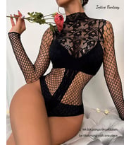 Intive Premium Limited Dekorarif Dantel Desenli Fileli Tasarım Limited Bodysuit Vücut Çorabı (Siyah)