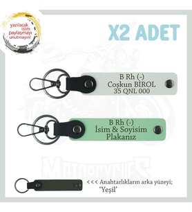 Hız Tutkununa Özel İsim Plaka ve B Rh (-) Kan Grubu Yazılı, Deri x2 Anahtarlık Set, Yeşil-Beyaz-Ysl (Çok Renkli)
