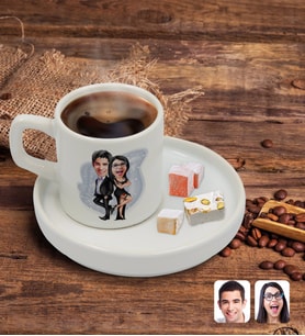 BK Gift Kişiye Özel Sunum Tabaklı Sevgililer Karikatürlü Türk Kahvesi Fincanı Model 6