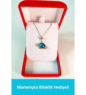 Lüx Kadife Kutuda  Mavi Satürn Gümüş Gezegen Kolye  Paslanmaz - 316l Çelik  Hediye Paketi Yapılır