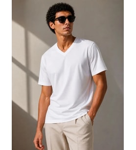 Erkek V Yaka Basic Tişört Kısa Kol Yazlık Regular Fit T-Shirt - Beyaz