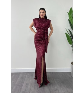 Pul Payet Kumaş Büzgü Detaylı Abiye Elbise - BORDO