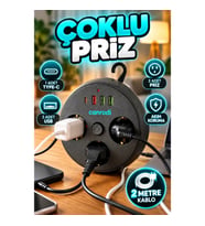 3 Prizli Çoklu Uzatma Prizi – 3 USB, 1 Type-C ve 2 Metre Kablo