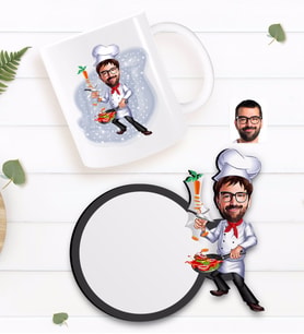 BK Gift Kişiye Özel Erkek Chef Karikatürlü Beyaz Kupa ve Ahşap Bardak Altlığı Hediye Seti-1