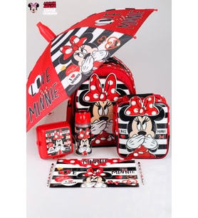 YENİ SEZON LİSANSLI MINNIE MOUSE OKUL,BESLENME ÇANTASI İLE BESLENME KABI,MATARA 500 ML,ŞEMSİYE VE KIRTASİYE OKUL SETİ (Kırmızı)