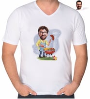 BK Gift Kişiye Özel Erkek Mangal Karikatürlü V Yaka Tişört-1 (Beyaz)