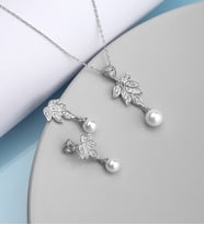 925 Ayar Gümüş İnci Sallantılı Yaprak Kolye Küpe Set
