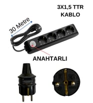 Avarson (4'Lü) Dörtlü Priz Topraklı Anahtarlı Kablolu Siyah (3x1,5 TTR) 30 (Otuz) Metre