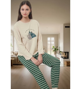 Çizgili Pamuklu Kadın Pijama Takımı Yılbaşı Desenli Rahat Profesyonel Görünüm (Bej)