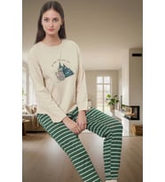 Çizgili Pamuklu Kadın Pijama Takımı Yılbaşı Desenli Rahat Profesyonel Görünüm (Bej)