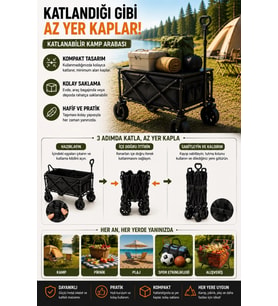 Üst Masalı Katlanabilir Kamp Arabası Çekme Kollu Geniş Hazneli Piknik ve Plaj Arabası