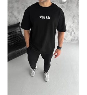 Erkek Kısa Kol Yazlık Tişört Bisiklet Yaka Baskılı Oversize T-Shirt - Siyah