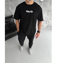 Erkek Kısa Kol Yazlık Tişört Bisiklet Yaka Baskılı Oversize T-Shirt - Siyah