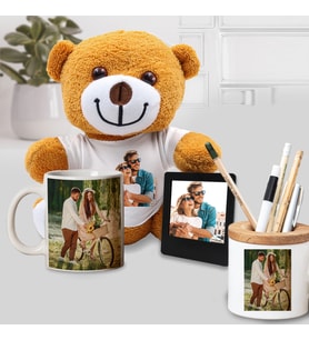 Kişiye Özel Kupa Bardak Peluş Ayıcık Ahşap Kapaklı Seramik Kalemlik ve Polo Çerçeve Set