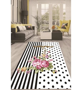 Dijital Kaymaz Taban Yıkanabilir Modern Renkli Salon Halısı Mutfak Halısı Yolluk ND-HT-304 (Siyah)