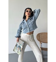 Çift kapaklı püsküllü crop buz mavi d2002