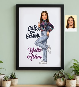 Kişiye Özel Karikatürlü Cute But Gemini İkizler Burcu Siyah Çerçeve Doğum Günü Hediyesi