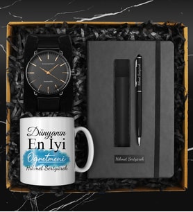 Öğretmenler Gününe Özel Dünyanın En İyi Öğretmeni Kupası & Kişiye Özel Defter & Deri Kılıflı Touch Pen Kalem & Hasır Kordon Saat