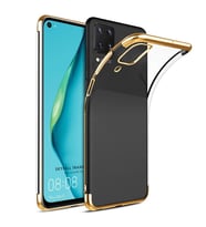 Huawei P40 Lite Köşeleri Renkli Kamera Korumalı Şeffaf Kılıf (Gold)