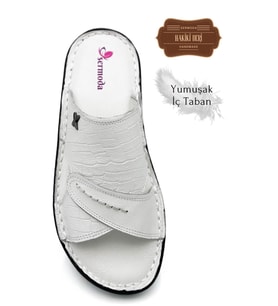 Sermoda Hakiki Gerçek Deri Erkek Terlik Hafif Terlik Deri 3D Beyaz (Beyaz)