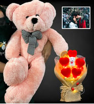 Kişiye Özel Led Işıklı Fotoğraflı Ayıcık Buketi ve Büyük Boy 80cm Pembe Peluş Ayıcık (Model 3)