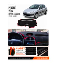 PEUGEOT 206 BÜYÜK EKRANLI (1998-2009) Uyumlu Torpido Örtüsü Torpido Kılıfı - Siyah Kırmızı