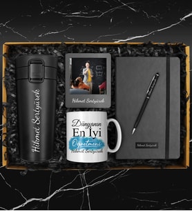 Öğretmenler Gününe Özel Tasarım Kupa & Termo Defter & 400 ML Otomatik Basmalı Çelik Termos & Kalem & Fotoğraf Çerçevesi