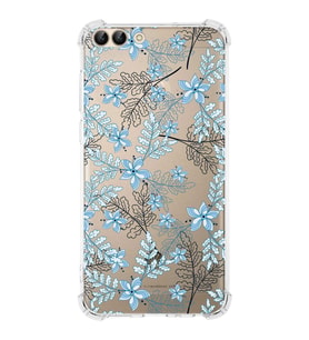 PrintiFy Huawei P Smart (2018) Uyumlu Köşe Korumalı Floral Mavi Tasarımlı Şeffaf Silikon Kılıf