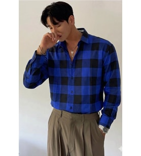 Erkek Ekose-Kareli Gömlek Slim Fit Pamuk Karışımlı Klasik Tarz Uzun Kollu Gömlek