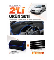 CHEVROLET KALOS (2009-2013) Uyumlu Torpido Örtüsü + Tay Tüyü Bagaj Çantası + Sticker Seti - Siyah Mavi