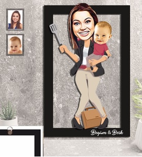 Kişiye Özel Anneler Günü Anne ve Erkek Çocuk Karikatürlü 3D Ahşap Tablo 30x47 Model-2
