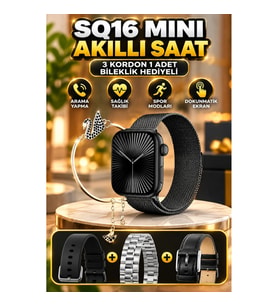 SQ-16 Mini Series 10 Akıllı Saat 3 Kordonlu Set – Silikon, Metal ve Deri Kordon + Hediye Bileklik