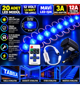 20 Adet 12V 1,5W Tek Lensli 3030 Mavi Led Modül 3A Priz Adaptör 12A Tek Renk RF Dimmer Set