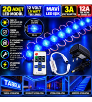 20 Adet 12V 1,5W Tek Lensli 3030 Mavi Led Modül 3A Priz Adaptör 12A Tek Renk RF Dimmer Set