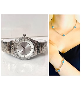 Ferrucci Silver Çelik Şık Kadın Kol Saati+Nazarlıklı Set Hediye (Gümüş)