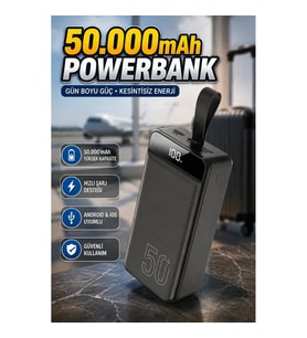 50000mAh Dijital Ekranlı Powerbank 3 USB Çıkışlı Type-C PD3.0 Hızlı Şarj Led Fenerli Taşınabilir Şar